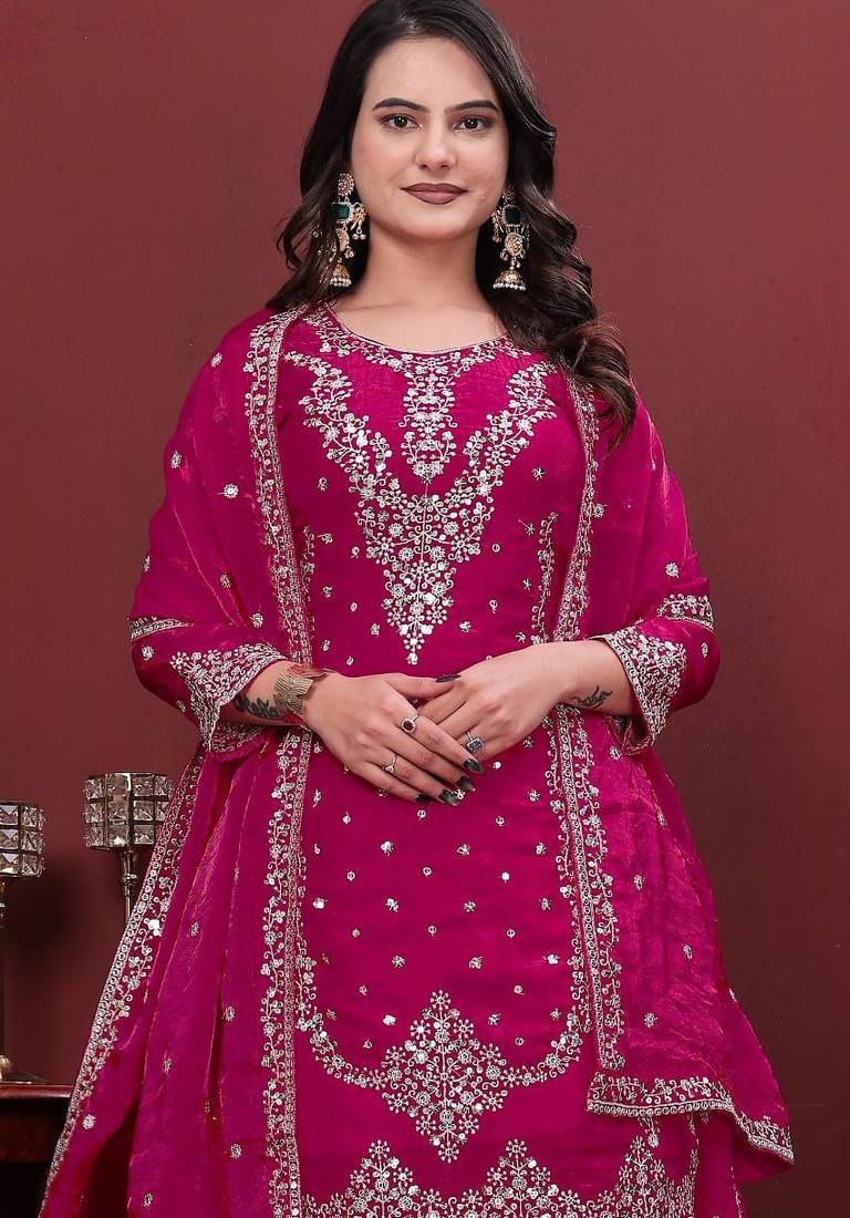 Rani pink fandy silk  party wear embroidery  sharara suit set