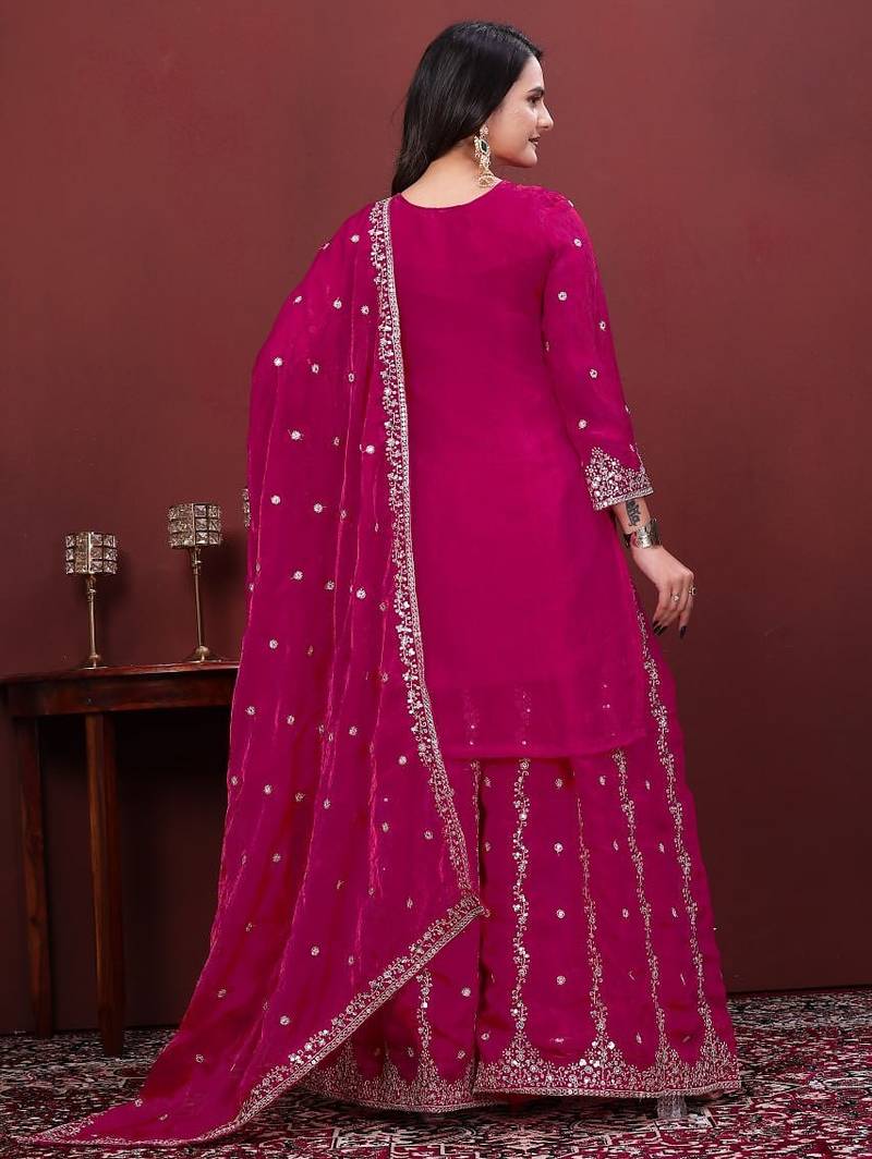 Rani pink fandy silk  party wear embroidery  sharara suit set
