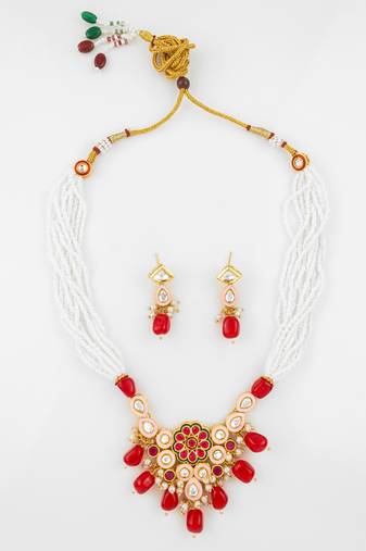 gold plated red white necklace set
