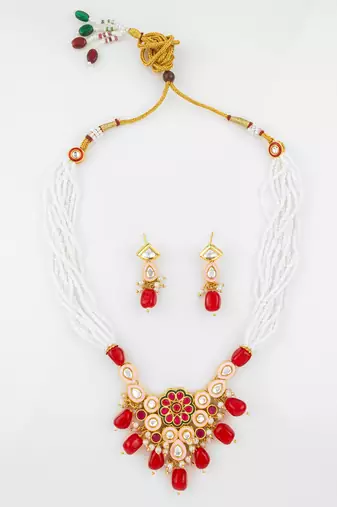 gold plated red white necklace set