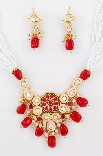 gold plated red white necklace set