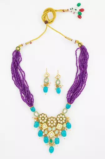 gold plated kundan beads necklace set