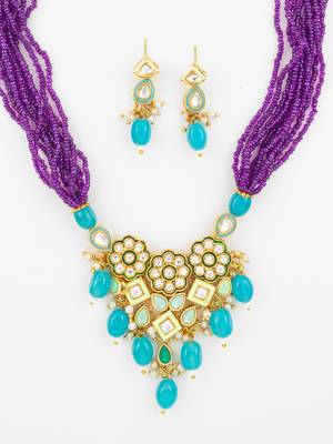gold plated kundan beads necklace set 1