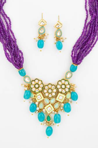 gold plated kundan beads necklace set