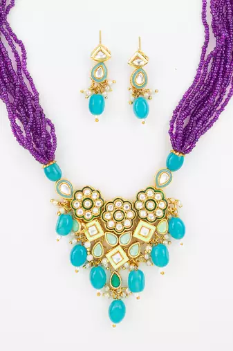 gold plated kundan beads necklace set