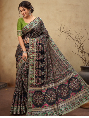 black jungal flowers jaal with beautiful kasmiri pasmina silk saree 1