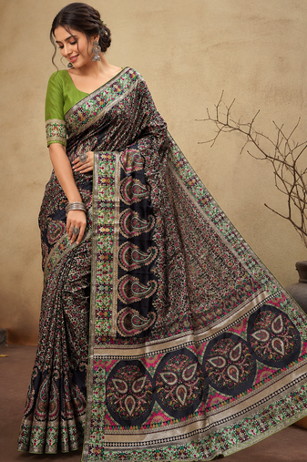 black jungal flowers jaal with beautiful kasmiri pasmina silk saree