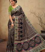 black jungal flowers jaal with beautiful kasmiri pasmina silk saree