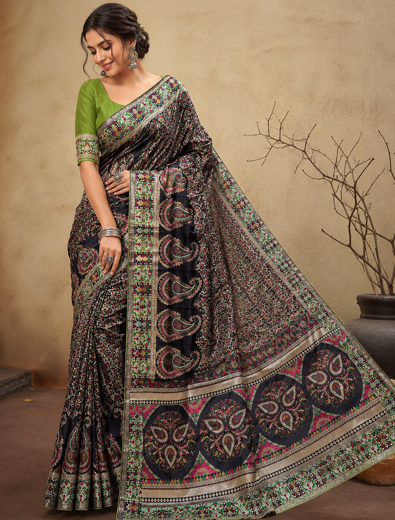 black jungal flowers jaal with beautiful kasmiri pasmina silk saree