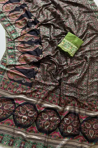 black jungal flowers jaal with beautiful kasmiri pasmina silk saree