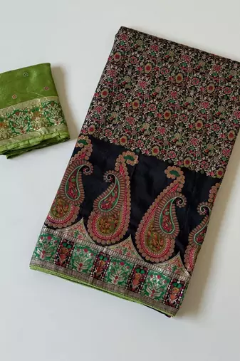 black jungal flowers jaal with beautiful kasmiri pasmina silk saree