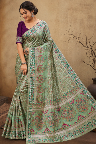 parrot green jungal flowers jaal with beautiful kasmiri pasmina silk saree