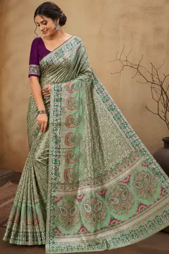 parrot green jungal flowers jaal with beautiful kasmiri pasmina silk saree
