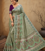 parrot green jungal flowers jaal with beautiful kasmiri pasmina silk saree