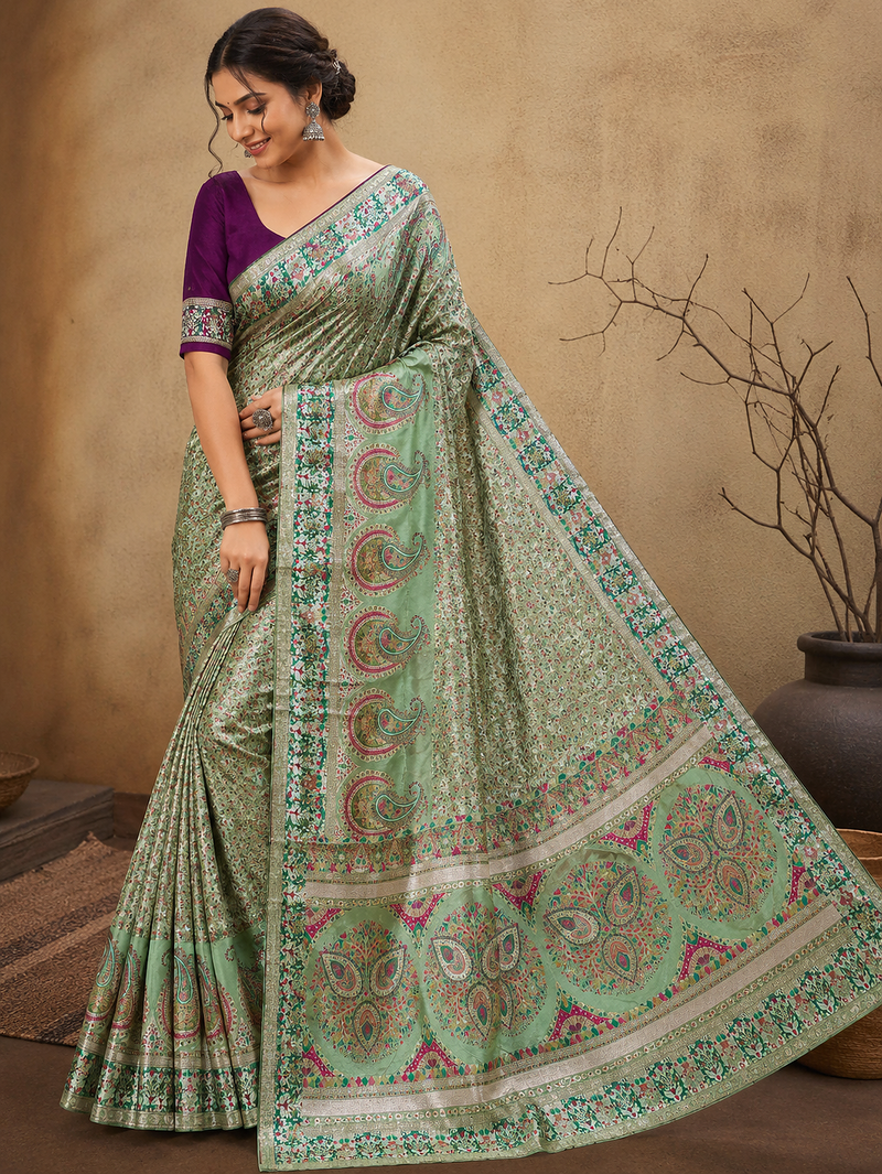 parrot green jungal flowers jaal with beautiful kasmiri pasmina silk saree