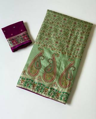 parrot green jungal flowers jaal with beautiful kasmiri pasmina silk saree 2