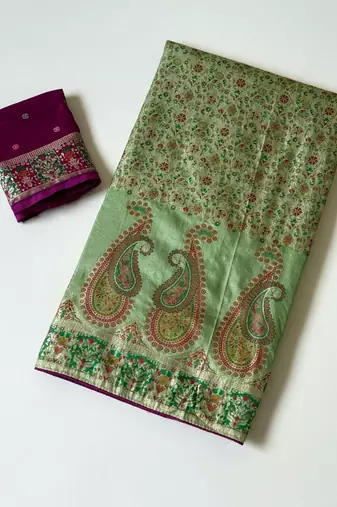 parrot green jungal flowers jaal with beautiful kasmiri pasmina silk saree
