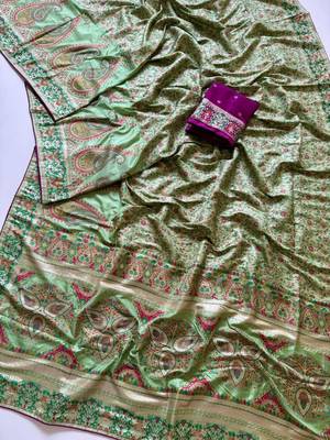 parrot green jungal flowers jaal with beautiful kasmiri pasmina silk saree 3