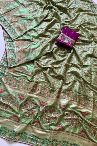 parrot green jungal flowers jaal with beautiful kasmiri pasmina silk saree
