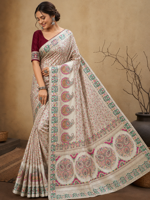 white jungal flowers jaal with beautiful kasmiri pasmina silk saree 1