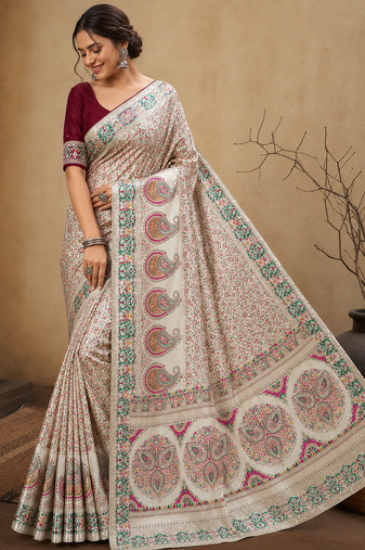 white jungal flowers jaal with beautiful kasmiri pasmina silk saree