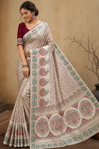 white jungal flowers jaal with beautiful kasmiri pasmina silk saree