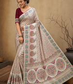 white jungal flowers jaal with beautiful kasmiri pasmina silk saree
