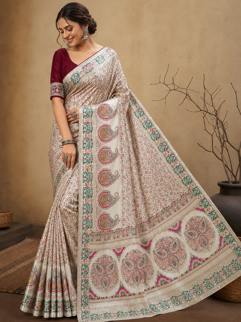 white jungal flowers jaal with beautiful kasmiri pasmina silk saree