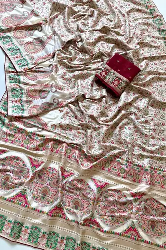 white jungal flowers jaal with beautiful kasmiri pasmina silk saree