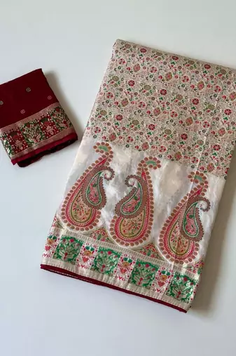 white jungal flowers jaal with beautiful kasmiri pasmina silk saree