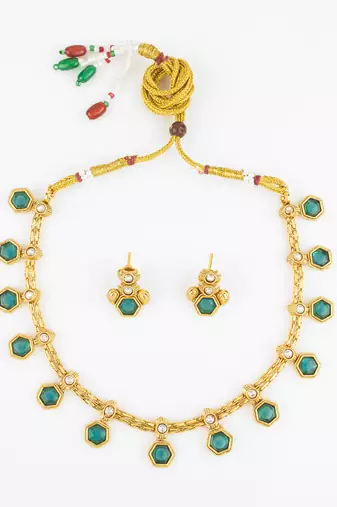 gold plated green stone necklace set
