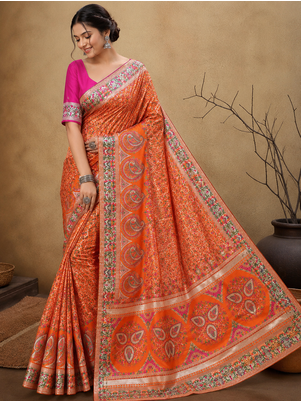 orange jungal flowers jaal with beautiful kasmiri pasmina silk saree 1
