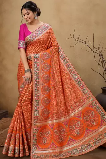 orange jungal flowers jaal with beautiful kasmiri pasmina silk saree