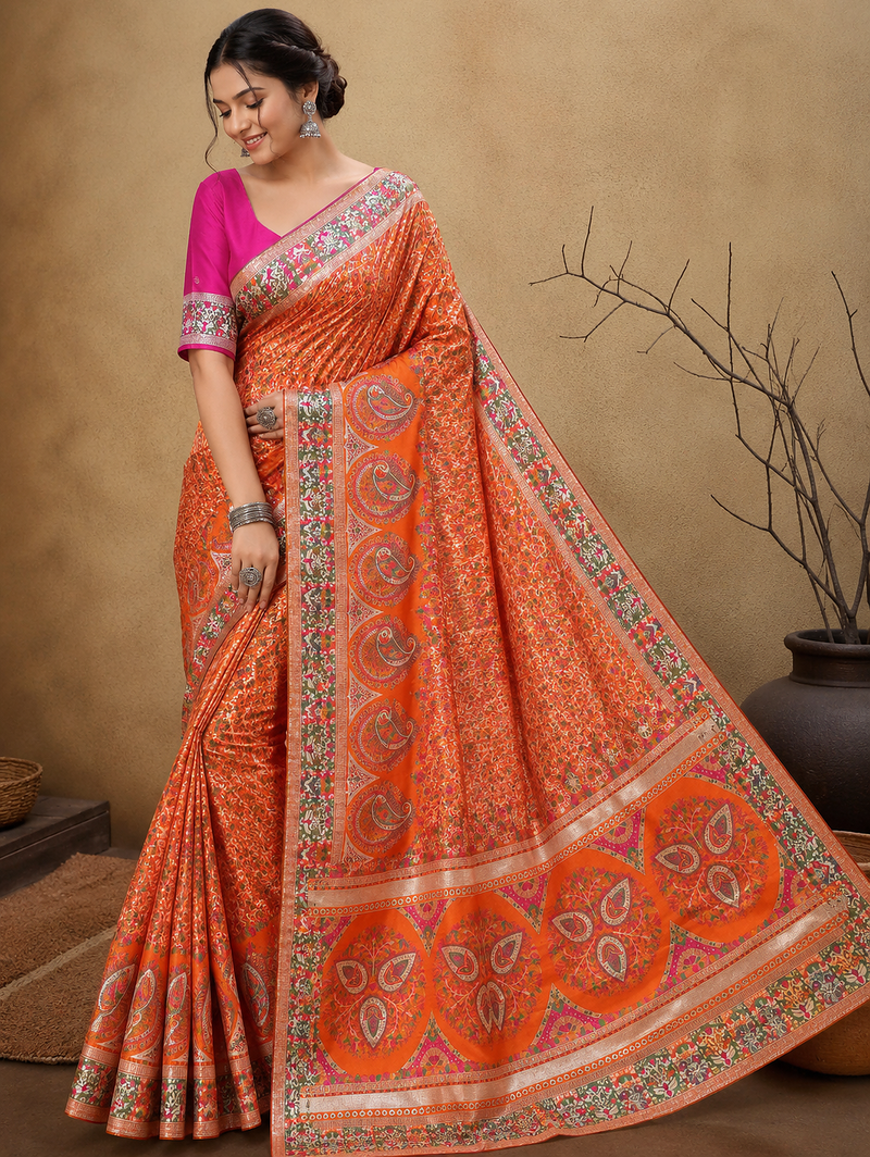 orange jungal flowers jaal with beautiful kasmiri pasmina silk saree