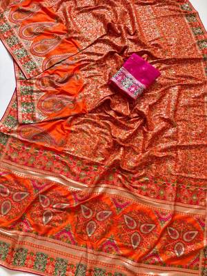 orange jungal flowers jaal with beautiful kasmiri pasmina silk saree 2