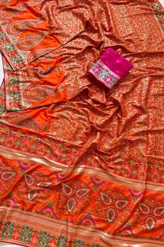 orange jungal flowers jaal with beautiful kasmiri pasmina silk saree