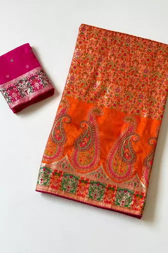 orange jungal flowers jaal with beautiful kasmiri pasmina silk saree