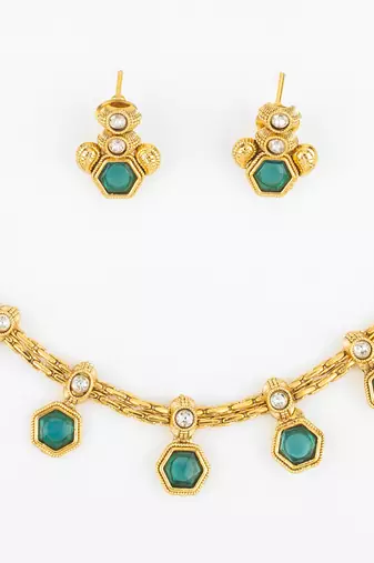 gold plated green stone necklace set