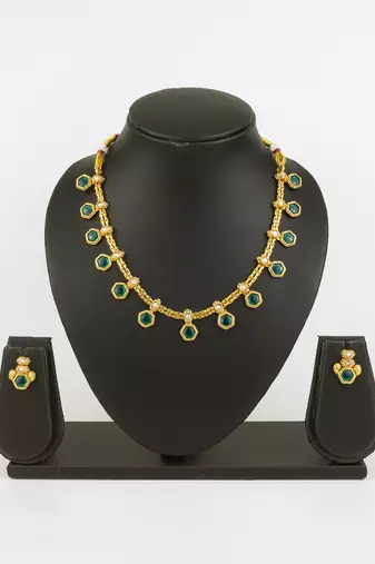 gold plated green stone necklace set