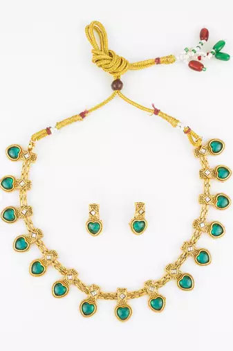 gold plated green heart necklace set