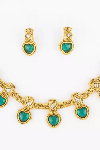 gold plated green heart necklace set
