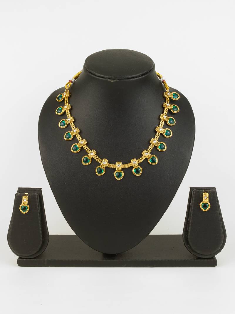 gold plated green heart necklace set