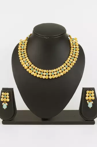 gold plated mint green necklace set