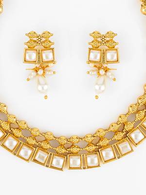 gold plated pearl kundan necklace set 4