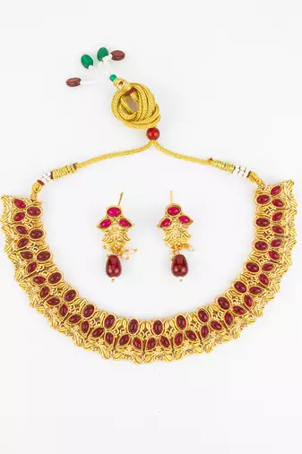 gold plated maroon stone necklace set