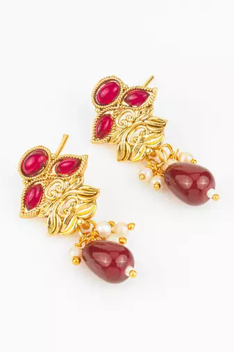 gold plated maroon stone necklace set