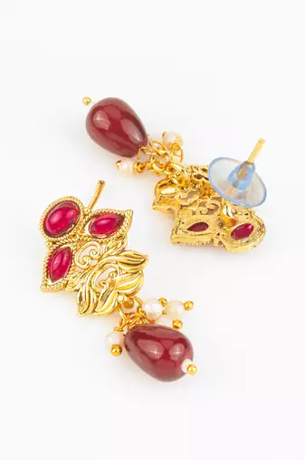 gold plated maroon stone necklace set