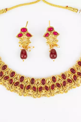 gold plated maroon stone necklace set
