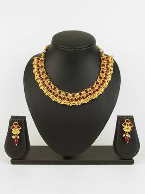 gold plated maroon stone necklace set 1