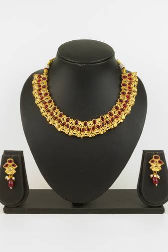 gold plated maroon stone necklace set